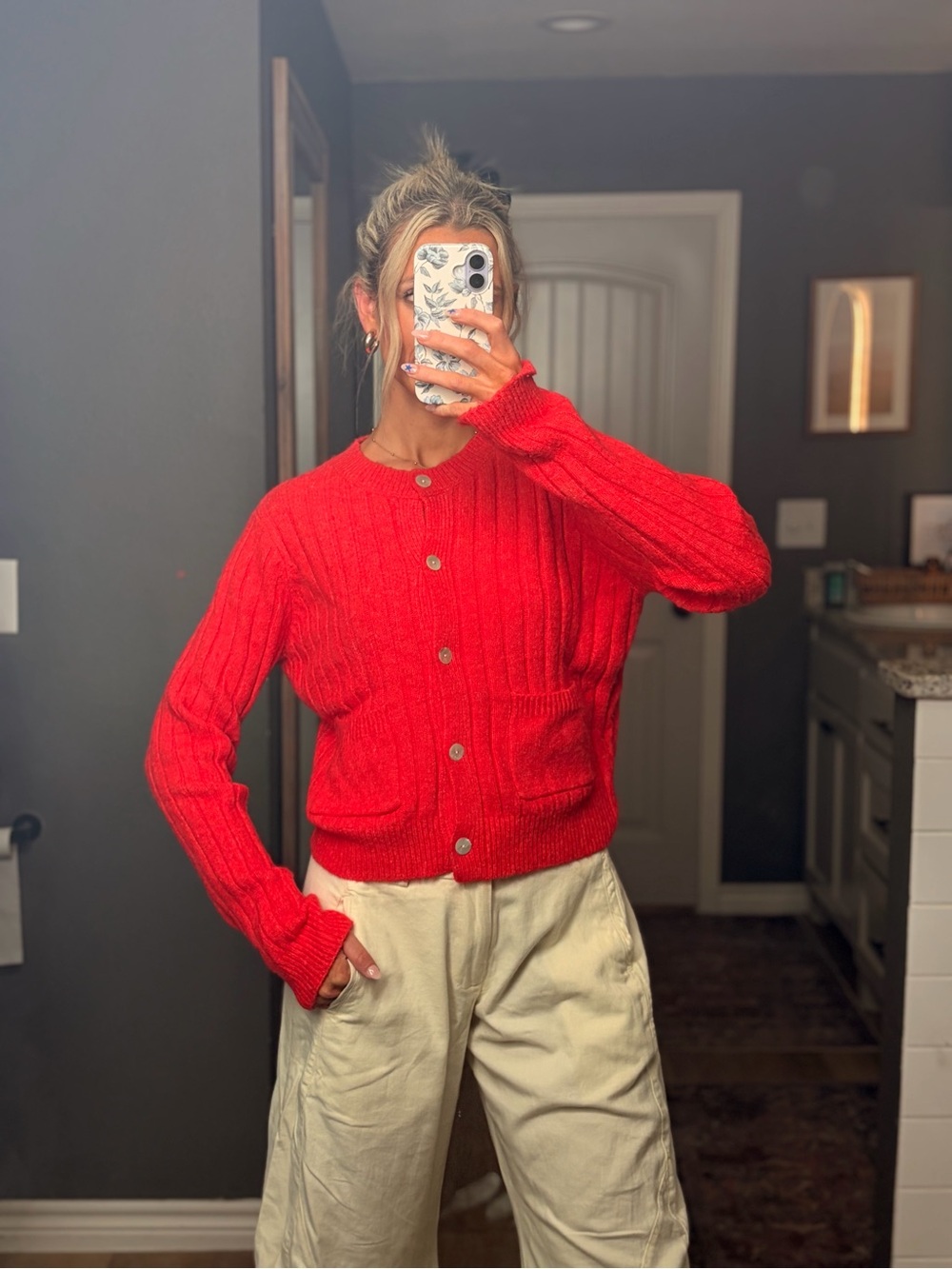 Women's Red Ribbed Button Cardigan Sweater